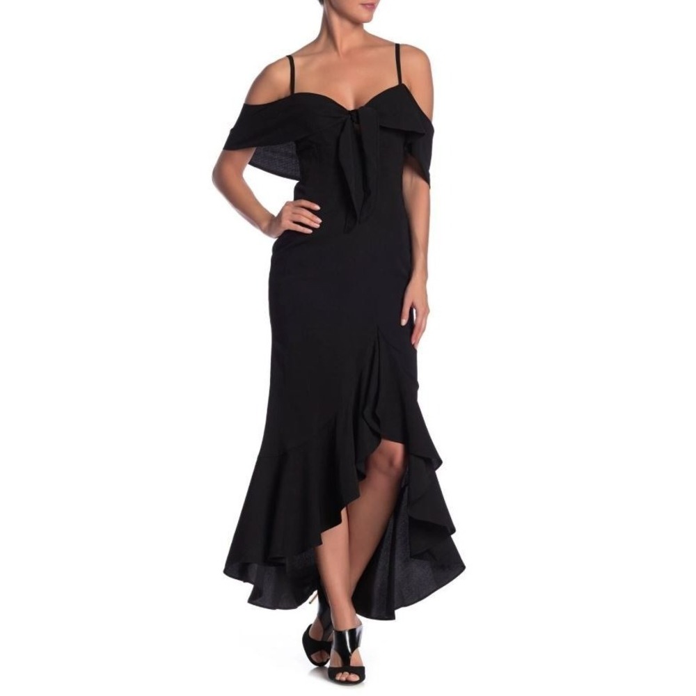 Gracia‎ Women's Off-the Shoulder Tie Front Ruffle Slit Dress in Black Small